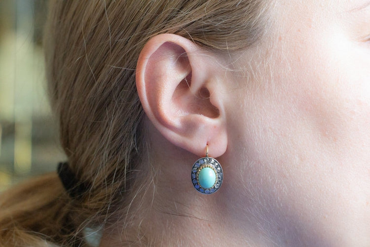 Boucles d'oreilles en or jaune, argent, diamants et turquoises 58 Facettes 13529