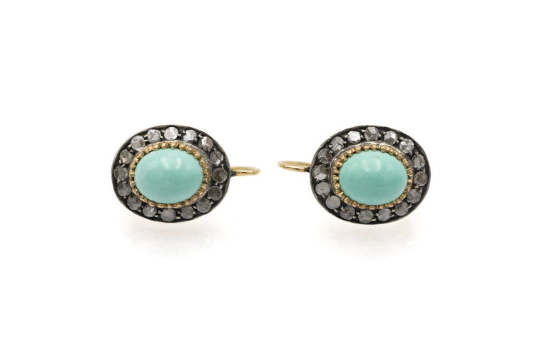 Boucles d'oreilles en or jaune, argent, diamants et turquoises 58 Facettes 13529