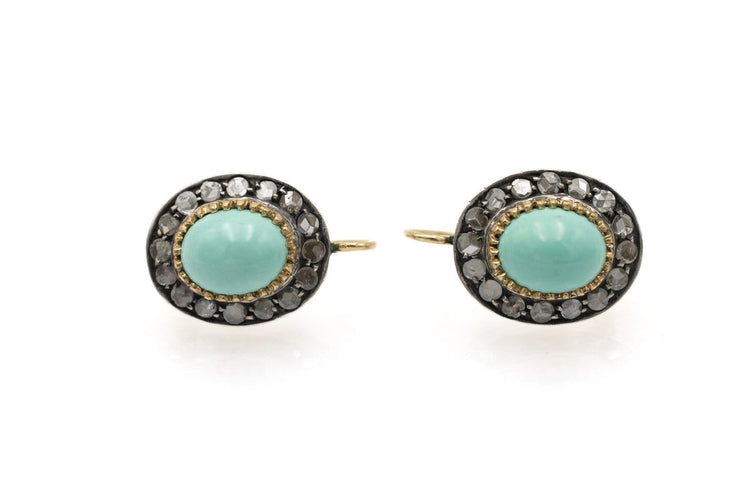 Boucles d'oreilles en or jaune, argent, diamants et turquoises 58 Facettes 13529