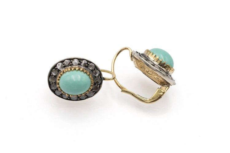 Boucles d'oreilles en or jaune, argent, diamants et turquoises 58 Facettes 13529