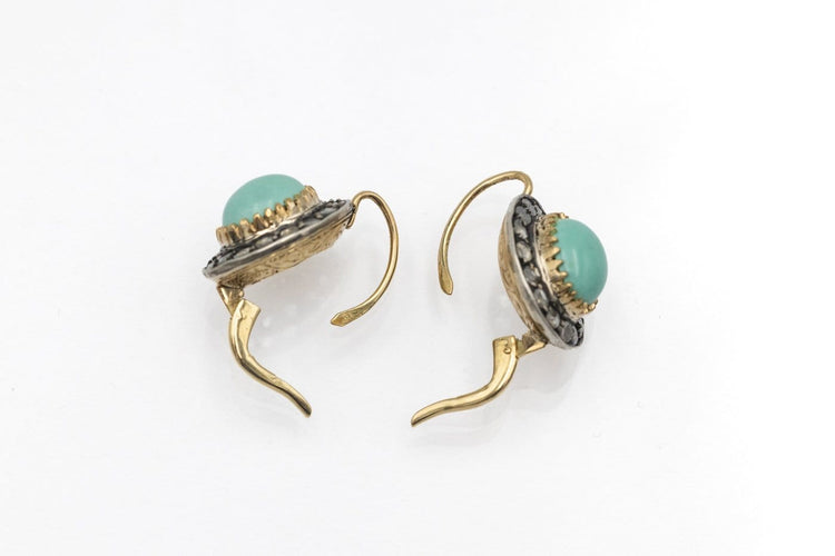 Boucles d'oreilles en or jaune, argent, diamants et turquoises 58 Facettes 13529