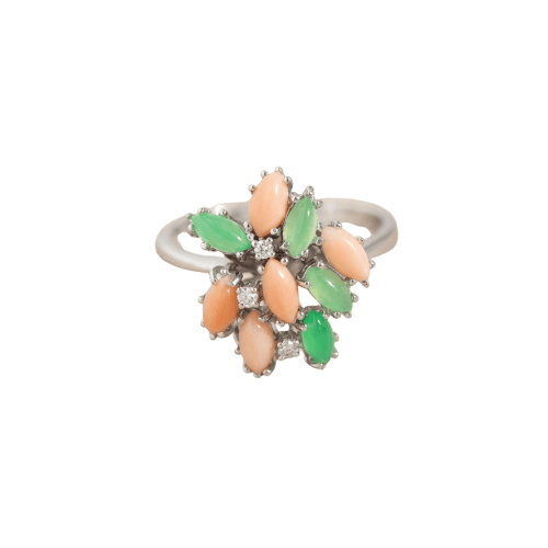 Bague fleur en or blanc 585, corail, chrysoprase et diamants