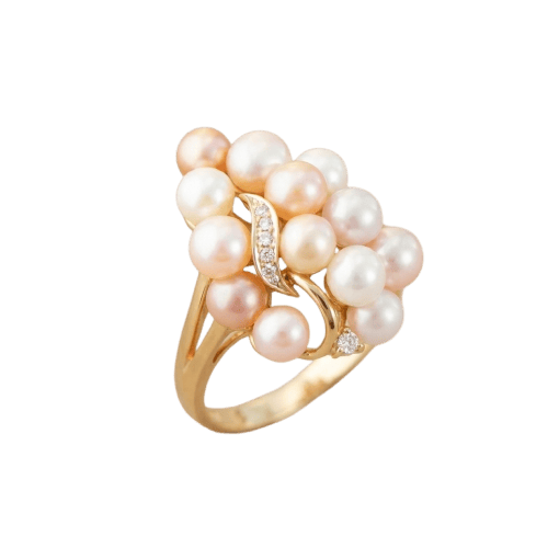 Bague grappe de perles en or jaune 585 et diamants