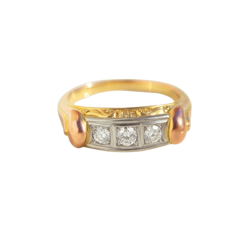Bague trois pierres diamants en or jaune, rose et blanc