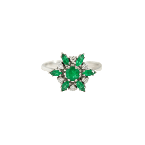 Bague fleur en or blanc 750 avec émeraudes et diamants