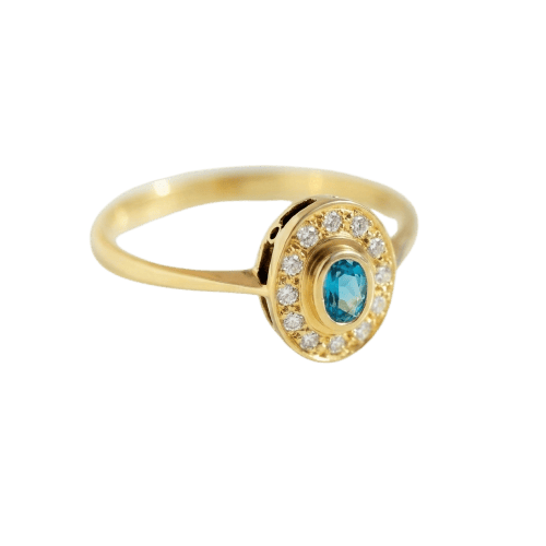 Bague en or jaune 585 avec aigue-marine et diamants