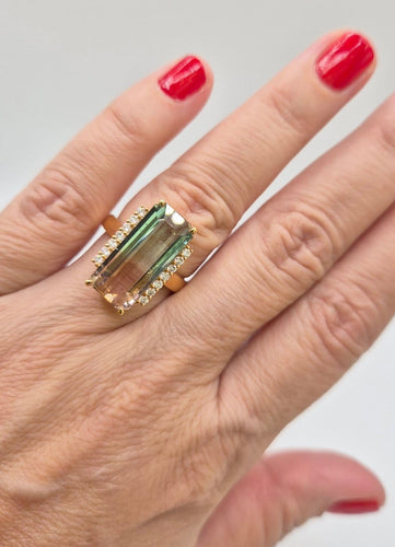 54 Bague tourmaline « melon d'eau » en or jaune et diamants 58 Facettes 323/791