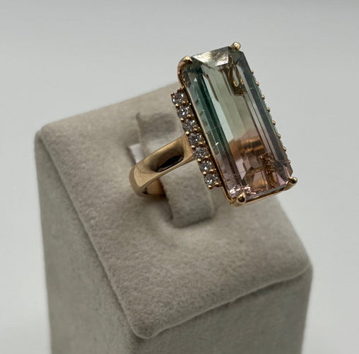 54 Bague tourmaline « melon d'eau » en or jaune et diamants 58 Facettes 323/791