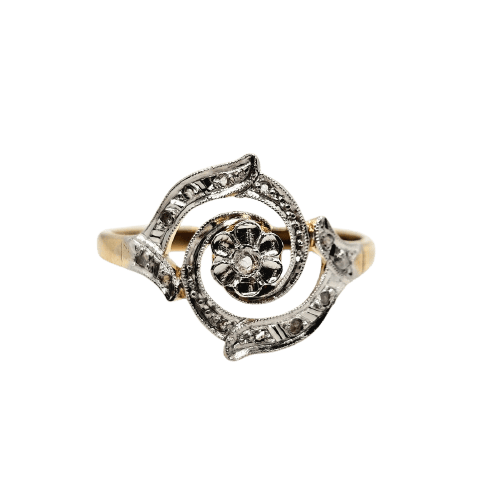 52 Belle Époque - Bague tourbillon en or jaune, platine et diamants 58 Facettes 753