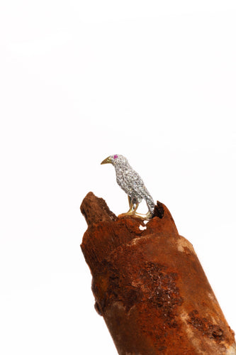 Victorien - Épingle à cravate corbeau en or rouge, argent, diamants et rubis 58 Facettes 22283-0088