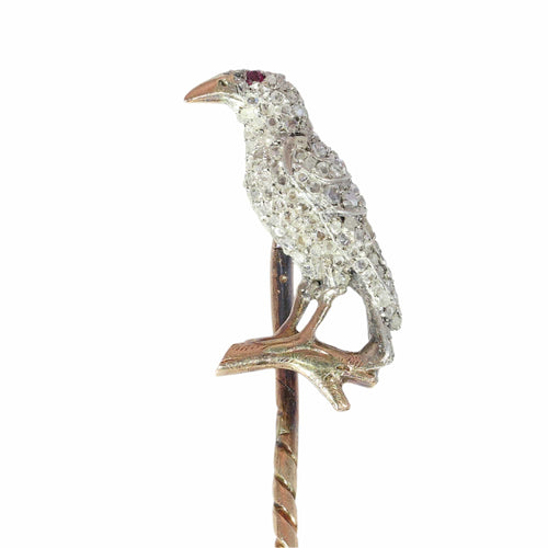 Victorien - Épingle à cravate corbeau en or rouge, argent, diamants et rubis 58 Facettes 22283-0088