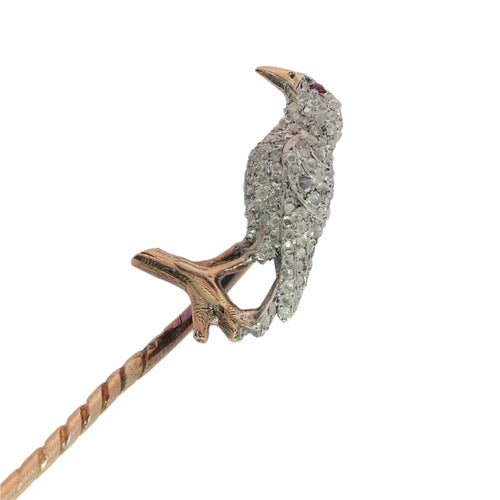 Victorien - Épingle à cravate corbeau en or rouge, argent, diamants et rubis 58 Facettes 22283-0088