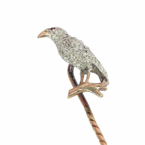 Victorien - Épingle à cravate corbeau en or rouge, argent, diamants et rubis 58 Facettes 22283-0088