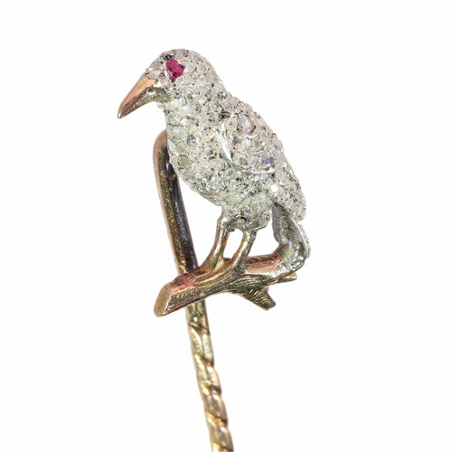 Victorien - Épingle à cravate corbeau en or rouge, argent, diamants et rubis 58 Facettes 22283-0088