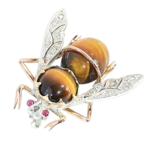 Charming Interbellum Bee Brooch, ca. 1930, with Tiger’s Eye and Diamonds 58 Facettes 26050-0106