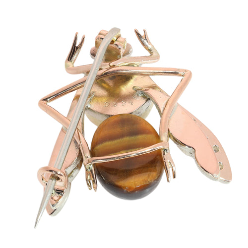 Charming Interbellum Bee Brooch, ca. 1930, with Tiger’s Eye and Diamonds 58 Facettes 26050-0106