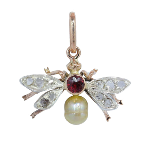 Victorien - Pendentif insecte en or rouge, argent, diamants et perle 58 Facettes 26079-0303