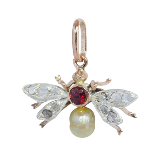 Victorien - Pendentif insecte en or rouge, argent, diamants et perle 58 Facettes 26079-0303