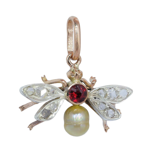 Victorien - Pendentif insecte en or rouge, argent, diamants et perle 58 Facettes 26079-0303