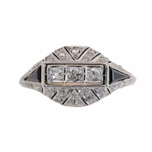 52 Art déco - Bague en or jaune, platine, diamants et onyx 58 Facettes 26085-0110