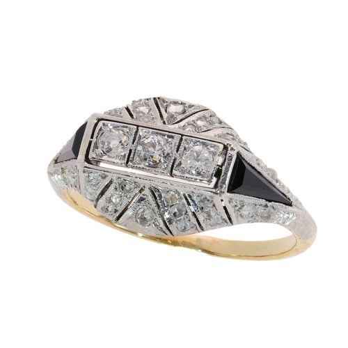 52 Art déco - Bague en or jaune, platine, diamants et onyx 58 Facettes 26085-0110