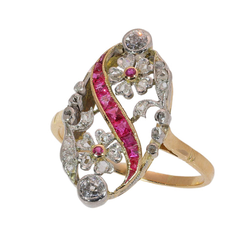 56 Bague florale ajourée en or jaune, diamants et rubis synthétiques 58 Facettes 26089-0315