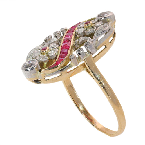 56 Bague florale ajourée en or jaune, diamants et rubis synthétiques 58 Facettes 26089-0315