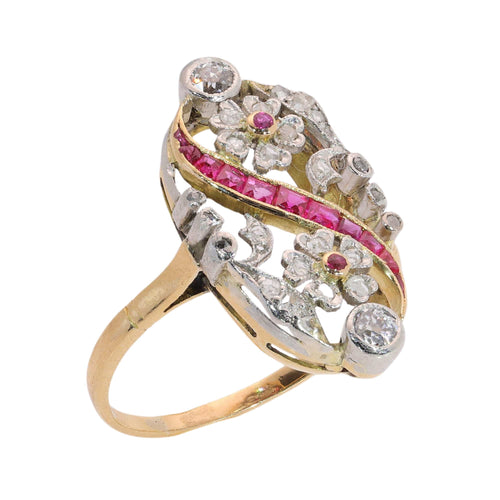 56 Bague florale ajourée en or jaune, diamants et rubis synthétiques 58 Facettes 26089-0315