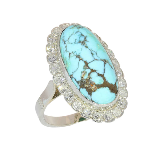52 Bague vintage en or blanc 18 ct, turquoise et diamants 58 Facettes 26089-0331