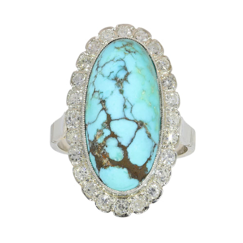 52 Bague vintage en or blanc 18 ct, turquoise et diamants 58 Facettes 26089-0331