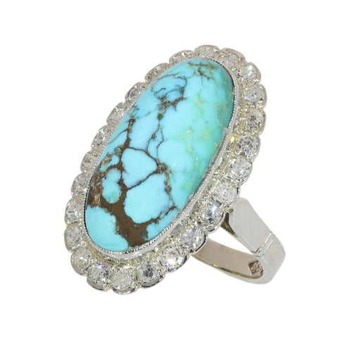 52 Bague vintage en or blanc 18 ct, turquoise et diamants 58 Facettes 26089-0331