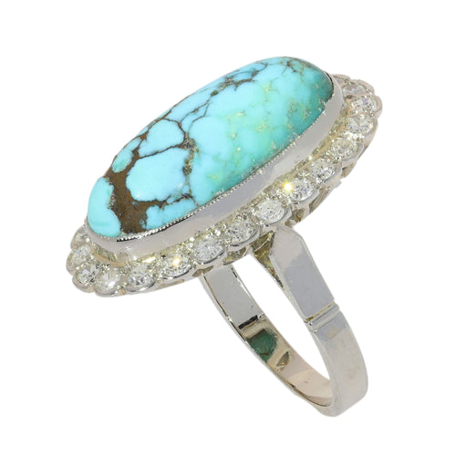 52 Bague vintage en or blanc 18 ct, turquoise et diamants 58 Facettes 26089-0331