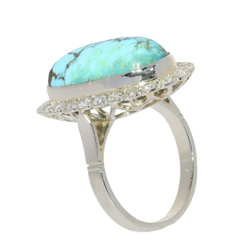 52 Bague vintage en or blanc 18 ct, turquoise et diamants 58 Facettes 26089-0331