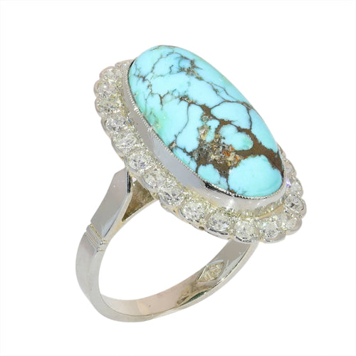 52 Bague vintage en or blanc 18 ct, turquoise et diamants 58 Facettes 26089-0331