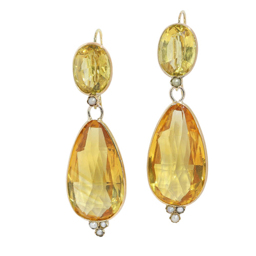 Boucles d'oreilles pendantes ibériques en or jaune, citrines et perles 58 Facettes 26089-0351