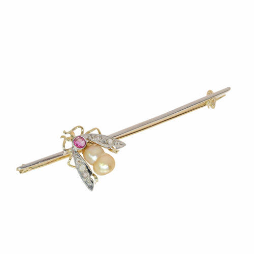 Broche barrette insecte en or jaune et blanc, perle, diamants et rubis 58 Facettes 26089-0366