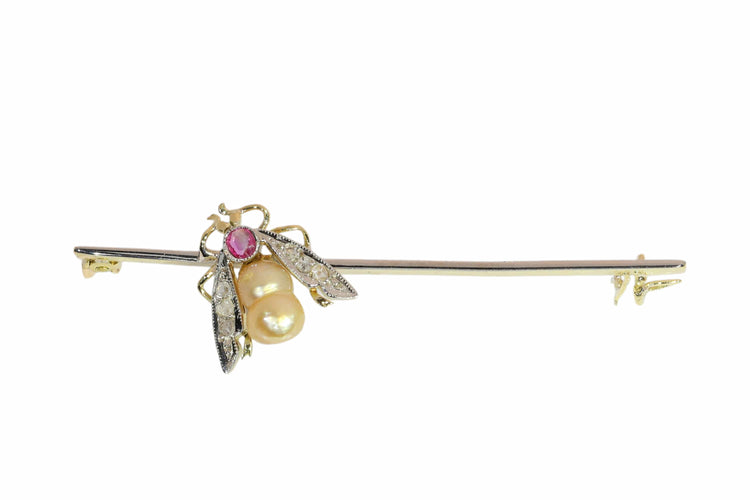 Broche barrette insecte en or jaune et blanc, perle, diamants et rubis 58 Facettes 26089-0366