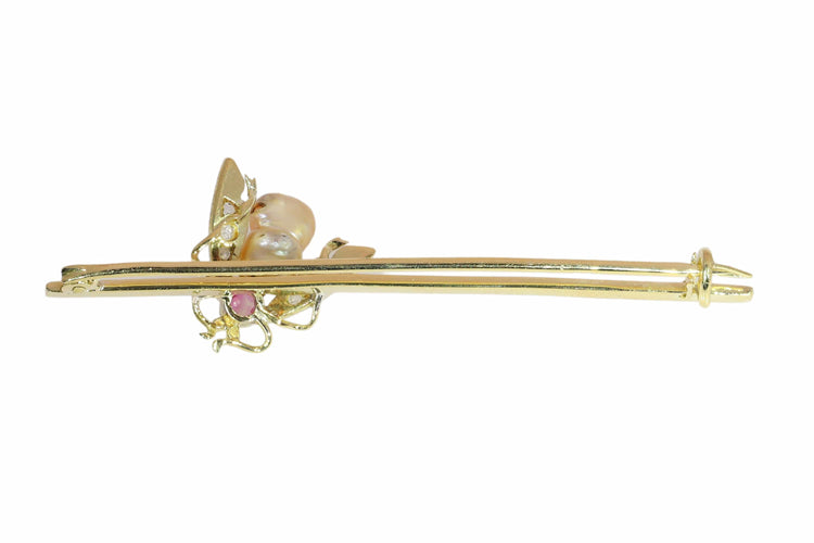 Broche barrette insecte en or jaune et blanc, perle, diamants et rubis 58 Facettes 26089-0366