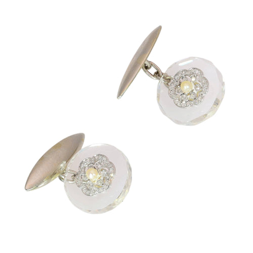 Art déco - Boutons de manchette en or blanc, cristal de roche, diamants et perles 58 Facettes 26090-0265