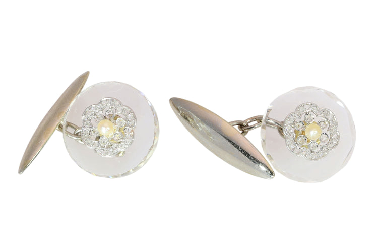 Art déco - Boutons de manchette en or blanc, cristal de roche, diamants et perles 58 Facettes 26090-0265