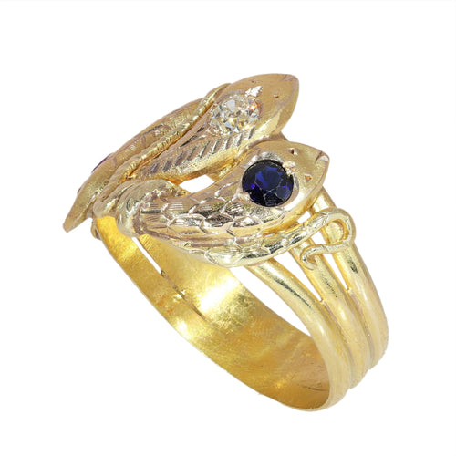 61 Bague triple serpent en or jaune, rubis, saphir et diamant 58 Facettes 26106-0234