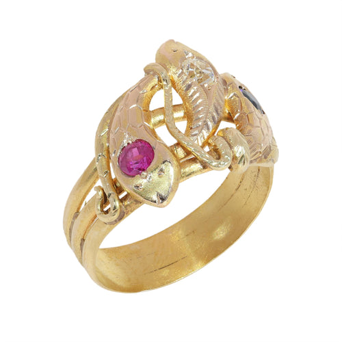 61 Bague triple serpent en or jaune, rubis, saphir et diamant 58 Facettes 26106-0234