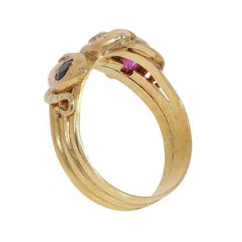 61 Bague triple serpent en or jaune, rubis, saphir et diamant 58 Facettes 26106-0234