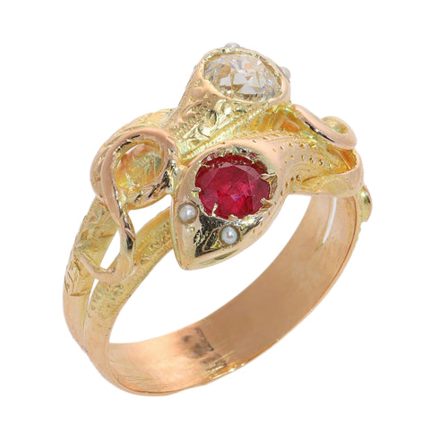 60 Bague serpents victorienne en or jaune, diamant, rubis et perles 58 Facettes 26106-0268