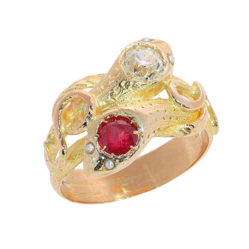 60 Bague serpents victorienne en or jaune, diamant, rubis et perles 58 Facettes 26106-0268