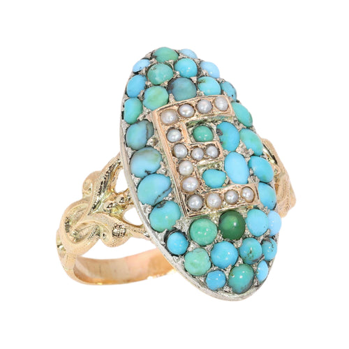 55 Bague victorienne lettre E en or jaune, turquoises et perles 58 Facettes 26106-0420