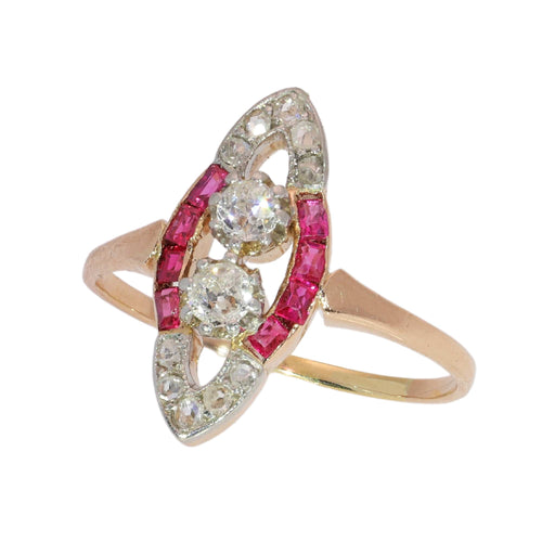53 Bague Art déco en or rose 18K, diamants et rubis 58 Facettes 26106-0424