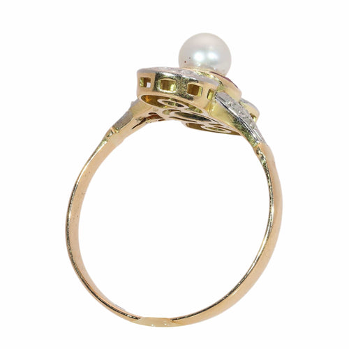 54 Belle Époque-Art déco - Bague en or jaune, perle, rubis et diamants 58 Facettes 26106-0425