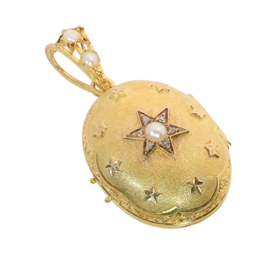 Pendentif porte-photo victorien en or jaune 18K, diamants et perles 58 Facettes 26106-0437