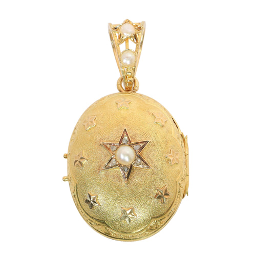 Pendentif porte-photo victorien en or jaune 18K, diamants et perles 58 Facettes 26106-0437